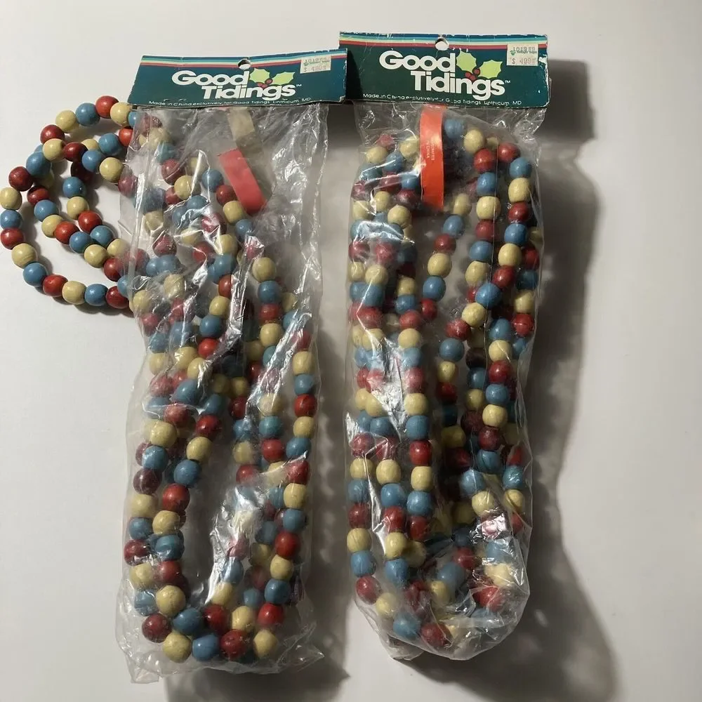 Vintage wood bead garland christmas boho New Old Stock Two Packs Read Desc VTG